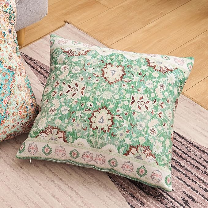 Boho Floral Throw Pillow Covers 20x20 inch Set of 2,Green Boho Rug Geometric Floral Pattern Decor Double Sided Pattern Cushion Cover Soft Pillow Case Living Sofa Room Bed Square Pillow Cover