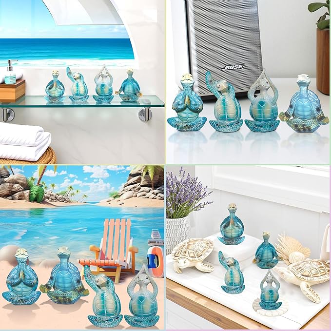 4PCS Yoga Sea Turtle Figurines,Meditation Zen Statue Decor Set for Bathroom Office Desk Table Shelf Ornament Beach Theme Gifts for Women Turtle Lovers Ocean Animal Resin Sculptures Decoration
