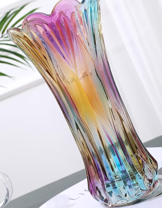 Glass Colorful Vase,Glass Flower Vase Decor for Home Dining Table Living Room,Office Wedding Holiday Party,Handmade Pattern(Phoenix Tail Style)