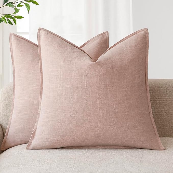 Foindtower Pack of 2, Decorative Linen Solid Throw Pillow Covers Soft Accent Cushion Case Boho Farmhouse Pillowcase for Bed Chair Couch Sofa Bedroom Living Room Home Decor 16 x 16 Inch Light Pink