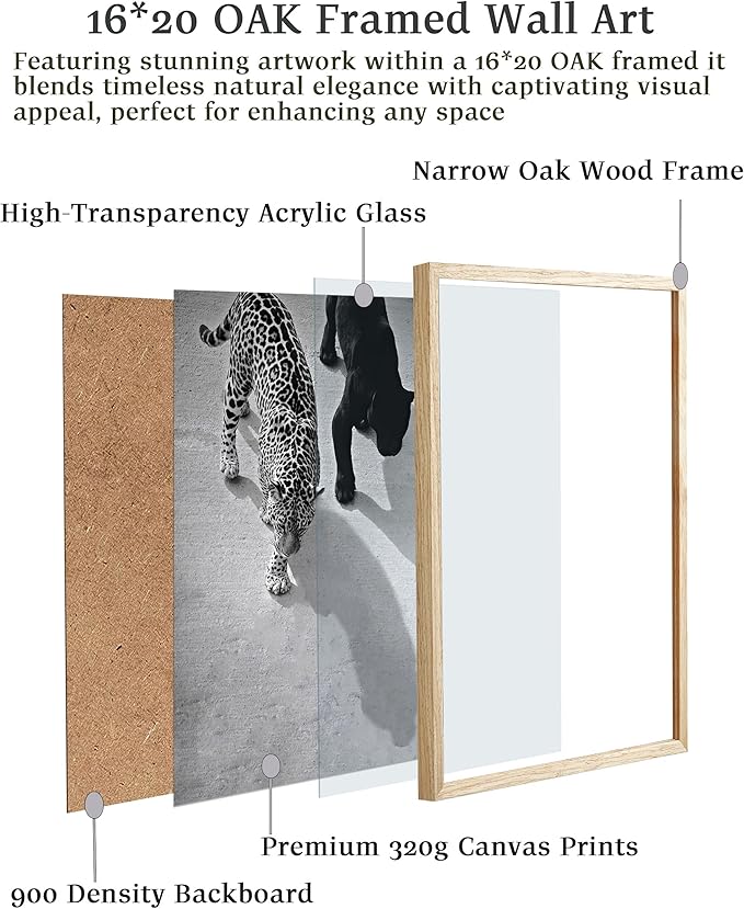 EcoHest Cheetah and Jaguar Walking Framed Wall Art, Large 16x20 in OAK Wood Vintage Black and White Funny Bathroom Canvas Art, Fashion 1950s Decor, Beige Logs Set of 1 for Bedroom Living Room