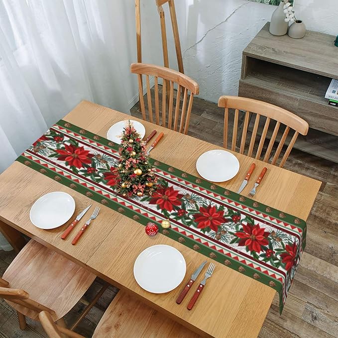 Christmas Flower Table Runner Burlap Kitchen Dining Linen Table Decoration for Indoor Outdoor Home Party Dinner 13x72 Inch