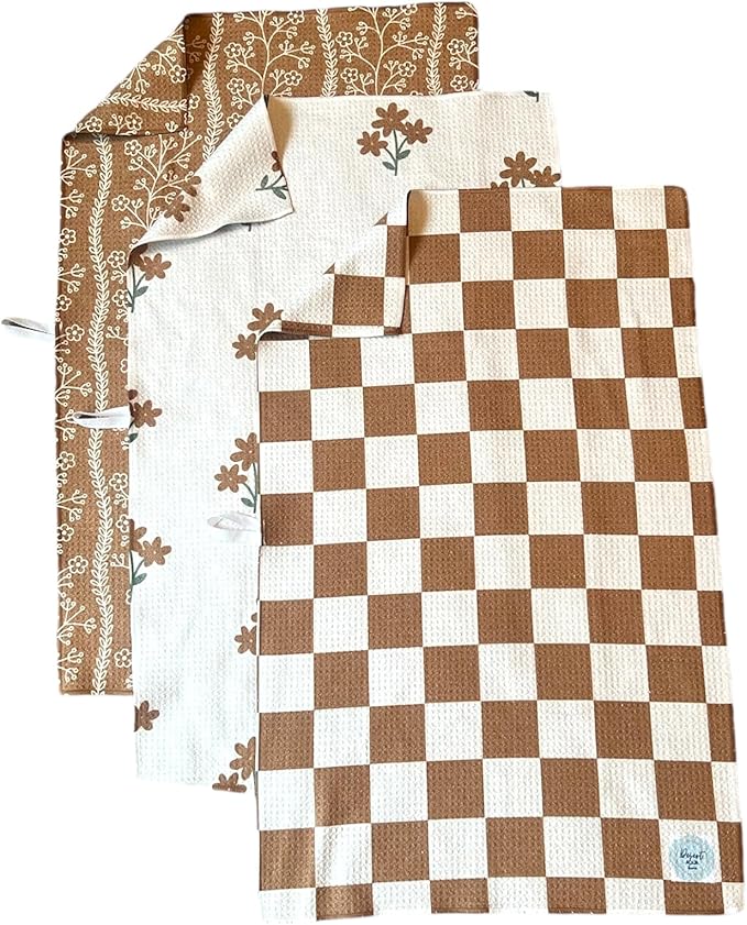 || 3 Pack|| Double Sided || Not Your Ordinary Dish Towels || Waffle Weave Microfiber || Highly Absorbent || Hanging Loop || Dish Cloths || Modern || Designer Prints (Coffee)