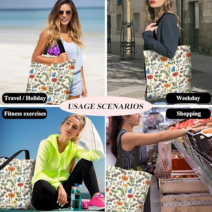 Canvas Tote Bag for Women，Cute Heavy-Duty Shoulder Bag with Zipper Pocket -Travel Tote for Grocery, Gym,Shopping