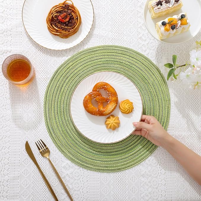 SHACOS Round Placemats Set of 6 for Dining Tables 15 inch Cotton Braided Placemats Washable Reversible for Kitchen Holiday Party (Pea Green, 6)