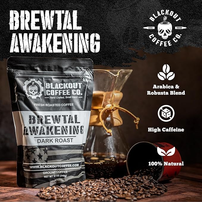 Blackout Coffee Brewtal Awakening Ground Coffee – Dark Roast, Bold Flavor – Freshly Roasted 12oz Bag, American Made
