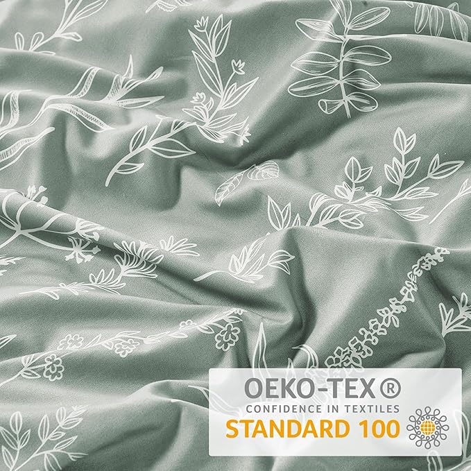 MUXHOMO Duvet Cover Full Size, Reversible Floral Green Duvet Cover Set with Zipper Closure, 3 Pieces Botanical Patterns Soft Microfiber Bedding Set with 4 Ties (80"x90", 2 Pillow Cases)