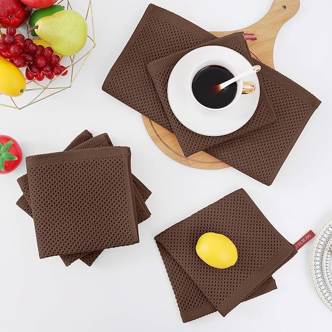 Homaxy 100% Cotton Waffle Weave Kitchen Dish Cloths, Ultra Soft Absorbent Quick Drying Dish Towels, 12 x 12 Inches, 6-Pack, Coffee