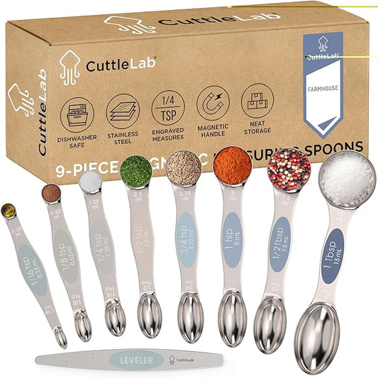 Magnetic Measuring Spoons Set - Stainless Steel, Double Ended, Stackable & Nested Design for Dry and Liquid Ingredients, Ideal for Spice Jars, 9-Piece Set with Leveler (Farmhouse)