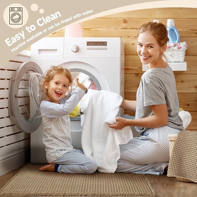 Waffle Bath Mat, Boho Bathroom Rugs Non Slip Washable Super Absorbent Quick Dry Farmhouse Bathroom Decor, 24"x16" Khaki