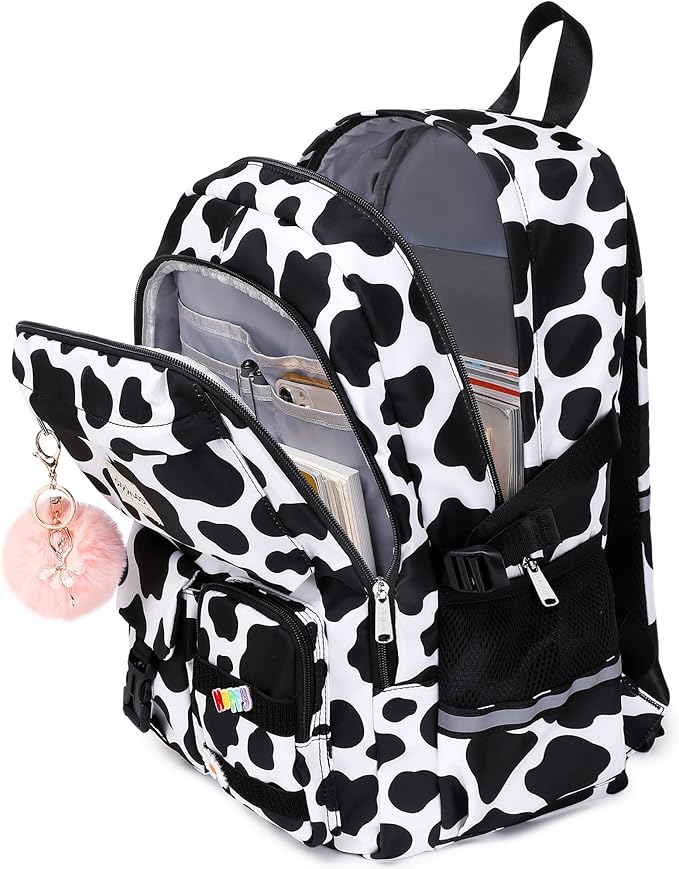 abshoo Big Student Laptop Backpack For College Women Middle High School Teen Girls Bookbag Travel Daypack (Cow Print Black)