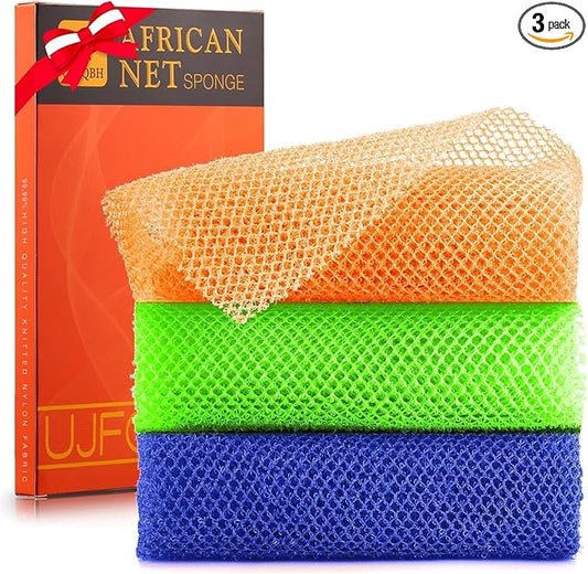 UJFQBH 3 Pieces African Bath Sponge African Net Long Net Bath Sponge Exfoliating Shower Body Scrubber Back Scrubber Skin Smoother,Great for Daily Use (Orange、Blue、Green)