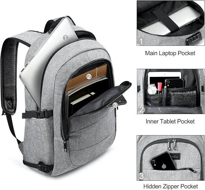 Laptop Backpack for unisex,Anti Theft Water Resistant Travel Work Backpack with USB Charging and Lock 15.6 Inch Computer Bag, Grey