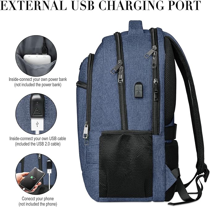 Backpack for Woman and Men, Travel Laptop Backpack with USB Charging, Waterproof College Back Pack for 15.6 IN Laptop Backpack, Adult Business Computer Travel Backpack, Blue