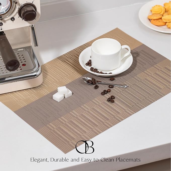 Placemats Set of 4 - Easy Clean Woven Vinyl Placemats for Dining Table, Indoor/Outdoor Place Mats, Washable PVC Table Mats （Gold Dune）