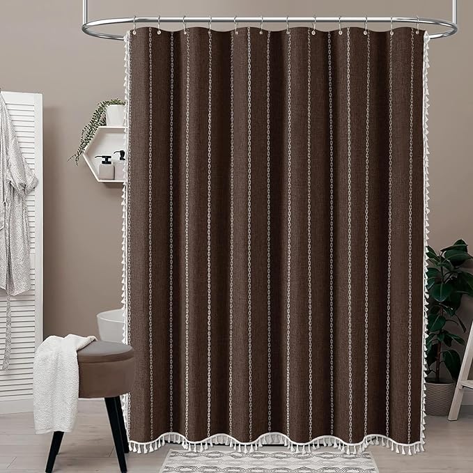 BTTN Extra Long Shower Curtain, 72x96 Inch Boho Rustic Striped Fabric Shower Curtain Set with Tassel, Water Repellent, Tall Bohemian Shabby Chic Farmhouse Shower Curtain for Bathroom with Hooks, Brown