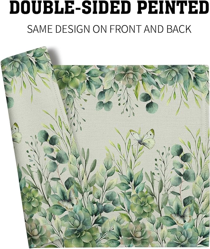 Giwawa 4PCs Spring Summer Leaf Placemats 12x18 Inch Sage Green Eucalyptus Leaves Butterflies Linen Washable Place Mat Stain Resistant Table Mats for Kitchen Dining Seasonal Decor