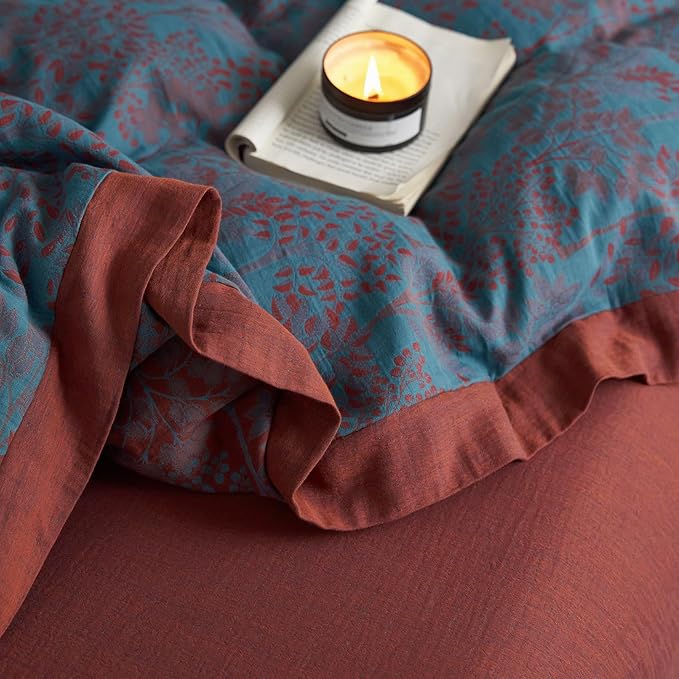 mixinni Muslin Cotton Vintage Blue Floral Duvet Cover Queen Size 3pcs Yarn Dyed Burgundy Jacquard Weave Bedding Comforter Cover Soft Breathable Bedding Sets for All Season-King Size
