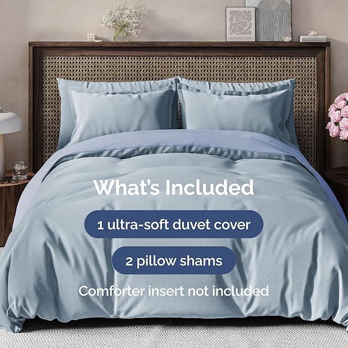 Duvet Cover Cal King Size Set - Extra Soft Cal King Size Duvet Cover 104 x 98 with 2 Pillow Shams - Hotel Luxury & Fade Free w/Zipper Closures & Ties - Comfy Breathable Bedding Set (Heathered Blue)