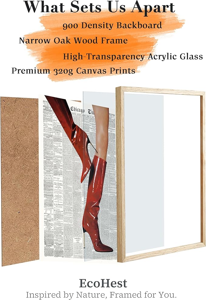 EcoHest Small Trendy Newspaper Red Boots Framed Wall Art, 8x10 in OAK Wood Fashion Icon Canvas Wall Art, Magazine Home Decor, Beige Logs Retro Set of 1 for Bedroom Living Room