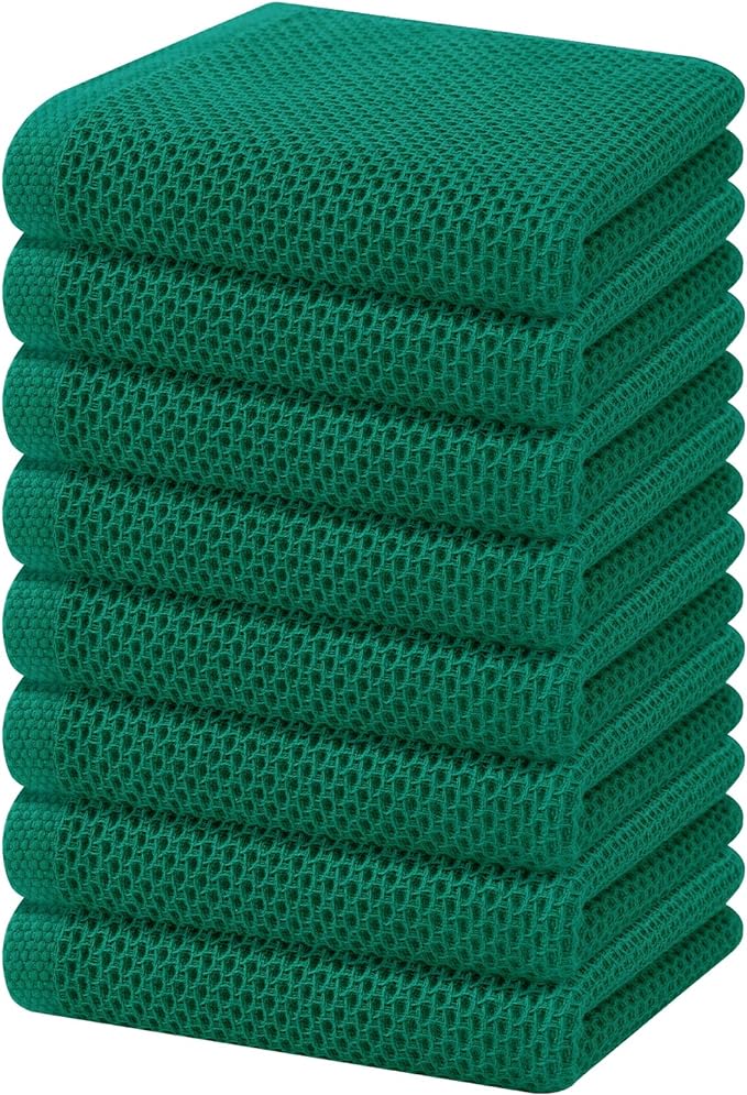 Homaxy 100% Cotton Waffle Weave Kitchen Dish Towels, Ultra Soft Absorbent Quick Drying Cleaning Towel, 13 x 28 Inches, 8-Pack, Dark Green