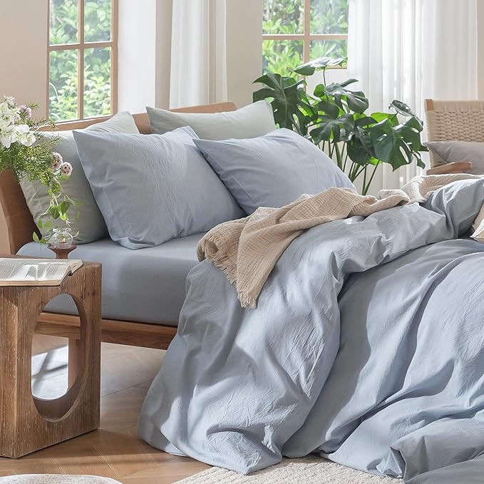 MooMee Bedding Duvet Cover Set 100% Washed Cotton Linen Like Textured Breathable Durable Soft Comfy (Heathered Cornflower Blue, Twin 68"x90")