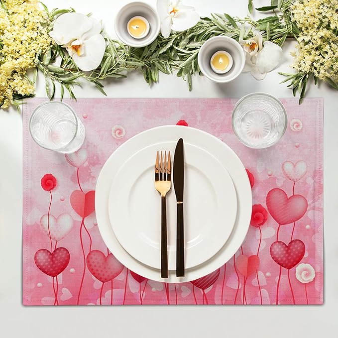 Giwawa Valentines Day Placemats Set of 4 12x18 Inch Red Love Hearts Flower Floral Decorative Place Mat Linen Heat Resistant Washable Table Mats for Kitchen Dining Holiday Wedding Anniversary