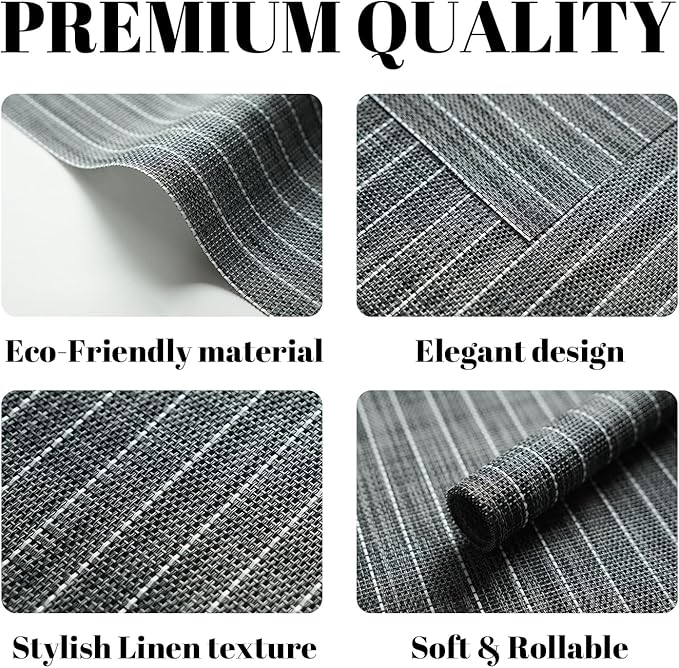 Placemats Set of 4 Vinyl/Plastic Woven Place Mats for Kitchen Table Indoor/Outdoor Washable Placemat Wipeable Dining Table Mats (Black Stripes,4)