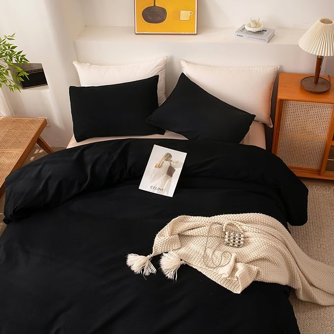 ECOCOTT 3 Pieces Duvet Cover Queen Size 100% Washed Cotton 1 Duvet Cover with Zipper and 2 Pillowcases, Ultra Soft and Easy Care Breathable Cozy Simple Style Bedding Set (Black,Queen)