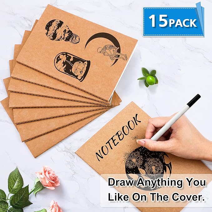 feela 15 Pack A5 Kraft Notebooks, 60 Lined Blank Pages Travel Journal Bulk, Soft Cover Notebooks for Women Girls Students, Making Plans Writing Memos Office School Supplies, 8.3 X 5.5 in
