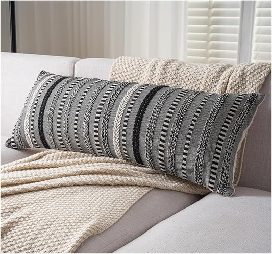 Boho Lumbar Pillow Covers 14x36 Long, Farmhouse Decorative Couch Pillow Cases, Black Accent Pillows of Bed, Sofa Bedroom Living Room Home Decor Cushion Cover, Pack of 1