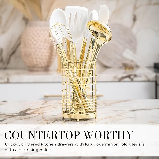 White Silicone and Gold Cooking Utensils Set with Gold Utensil Holder - 7-Piece Silicone Cooking Tools - Ideal for Nonstick Cookware and Stylish Modern Kitchens - Luxury Kitchen Accessories