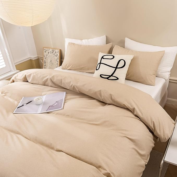 ECOCOTT Khaki Duvet Cover King Size - 100% Washed Cotton Durable Soft Comfy Duvet Cover Set, Lightweight and Breathable with Zipper Closure & Corner Ties (Khaki, 104''x90'')