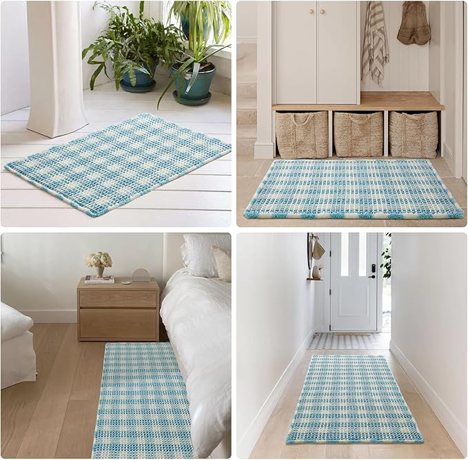 Waffle Bath Mat, Boho Bathroom Rugs Non Slip Washable Absorbent Checkered Bathroom Mat Quick Dry Cute Bath Mat, 30"x20" Blue and White