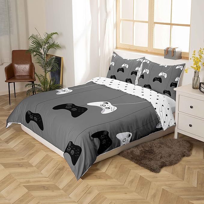 Feelyou Gaming Bedding Set for Boys Gamer Duvet Cover Reversible Geometric Pattern,Video Game Decor Comforter Cover Teens Kids 3 Pieces 1 Duvet Cover with 2 Pillowshams Grey White No Comforter (Full)