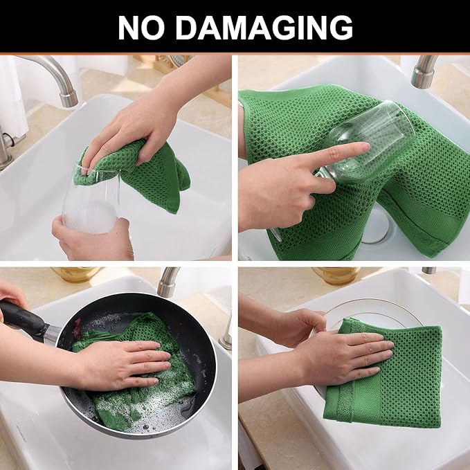 Homaxy 100% Cotton Dish Cloths, 8 Pack - 12 x 12 Inches, Waffle Weave Super Soft and Absorbent Dish Towels Quick Drying Dishcloths, Grass Green