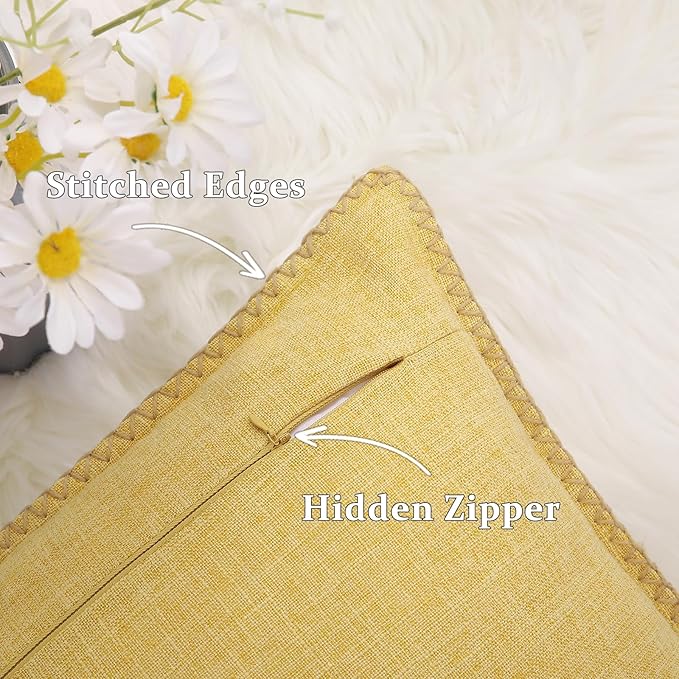 decorUhome Decorative Outdoor Throw Pillow Covers 24x24 Set of 2, Square Linen Rustic Neutral Farmhouse Euro Pillow Covers with Stitched Edge for Couch, Sofa, Living Room, Mustard Yellow