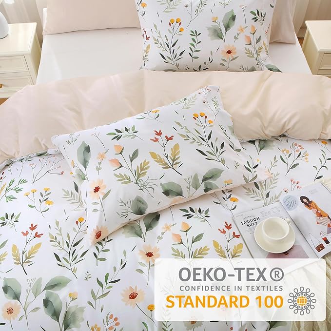 MUXHOMO Duvet Cover Queen Size, Reversible Floral Vintage Duvet Cover Set with Zipper Closure, 3 Pieces Botanical Patterns Soft Microfiber Bedding Set (90"x90", 2 Pillow Cases, Garden Leaves White)