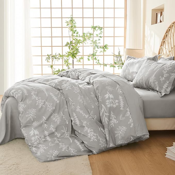 MUXHOMO Duvet Cover Queen Size, Reversible Floral Silver Gray Duvet Cover Set with Zipper Closure, 3 Pieces Botanical Patterns Soft Microfiber Bedding Set with 4 Ties (90"x90", 2 Pillow Cases)