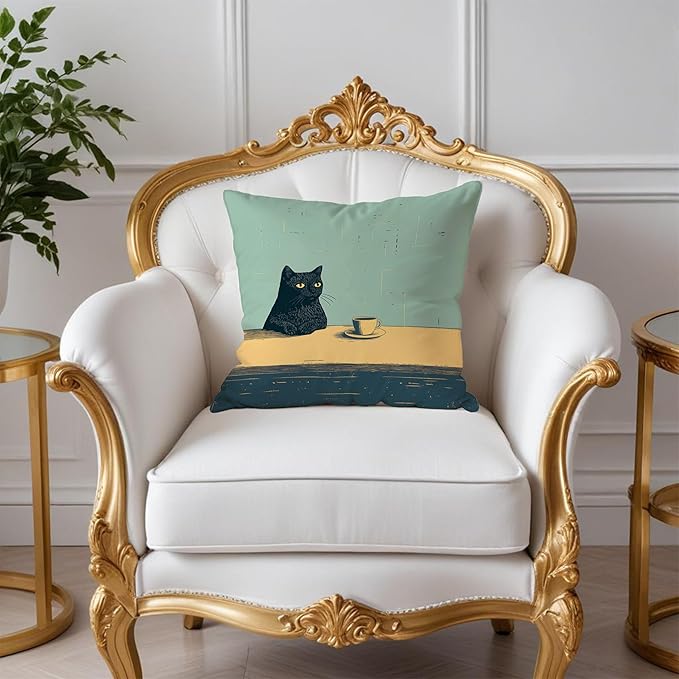 Black Cat Throw Pillow Covers 18x18, Aesthetic Black Cat Art Painting Decor Pillow Covers, Vintage Cats Drinking Coffee Decor for Room Bedroom