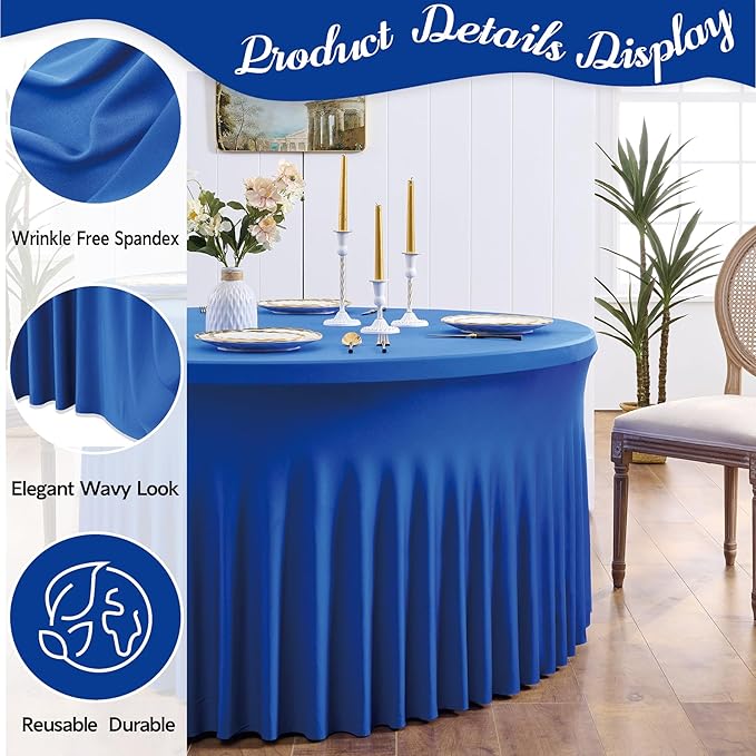 Outpain 4 Pack Spandex Royal Blue Round Tablecloths for 60in Tables, 120Inch Stretchy Fitted 5FT Round Table Clothes,Wrinkle Free Table Cover with Skirt for Wedding Party Dining Banquet