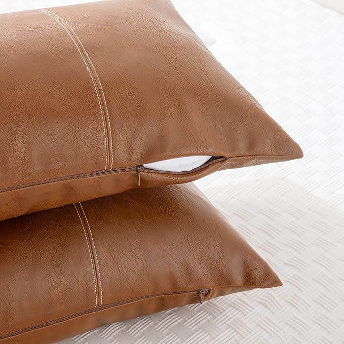 Fancy Homi 2 Packs Brown Boho Long Lumbar Faux Leather Body Decorative Throw Pillow Cover 14x36 Inch for Bedroom Couch Bed Bench, Hand Stitched Stylish Pillowcase, Rustic Modern Farmhouse Room Decor