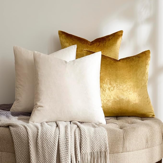 GIGIZAZA Velvet Pillow Covers 16x16,Ivory Gold Soft Throw Pillow Covers Set of 4 Square Decorative Modern Pillows Covers for Living Room