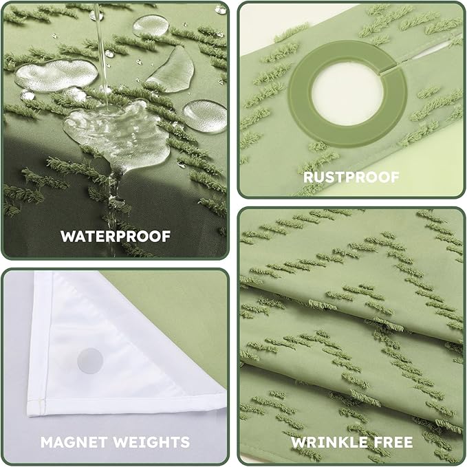 No Hook Shower Curtain and Snap in Liner Set Sage Green Tufted Chevron Striped Cloth Waterproof Washable Fabric Boho Modern Bath Curtain See Through Mesh Top Window for Bathroom Hotel 71" x 86"