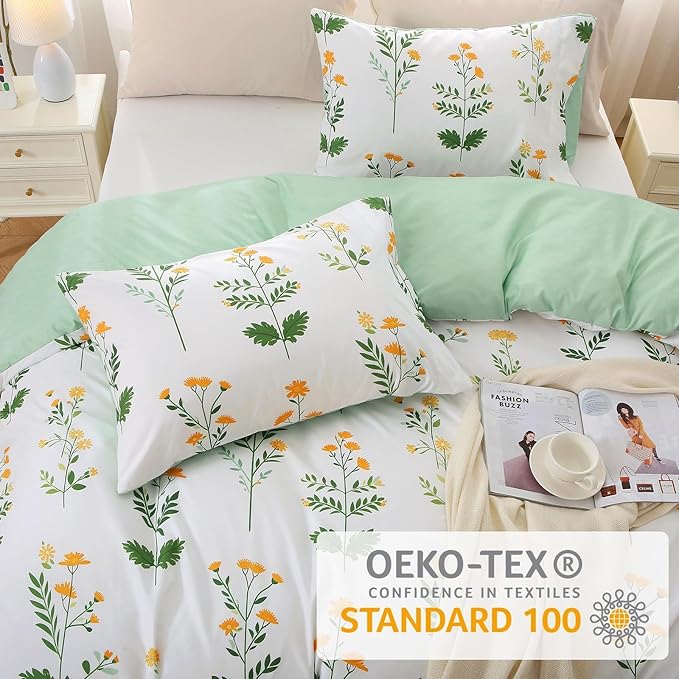 Duvet Cover King Size, Reversible Floral Vintage Duvet Cover Set with Zipper Closure, 3 Pieces Botanical Patterns Soft Microfiber Bedding Set (90"x104", 2 Pillow Cases, Honeysuckle Green White)