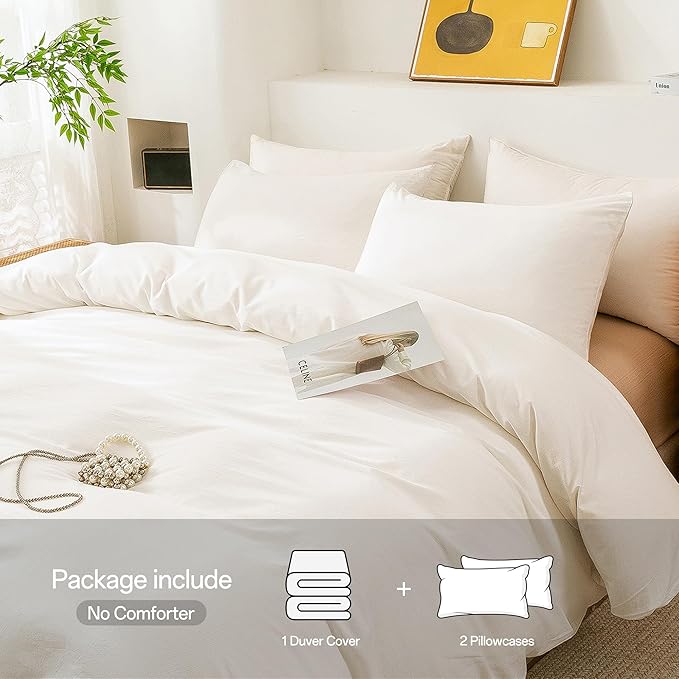 ECOCOTT White Duvet Cover California King Size, 100% Washed Cotton 1 Duvet Cover with Zipper and 2 Pillowcases, Ultra Soft and Easy Care Breathable Bedding Set (White, California King)