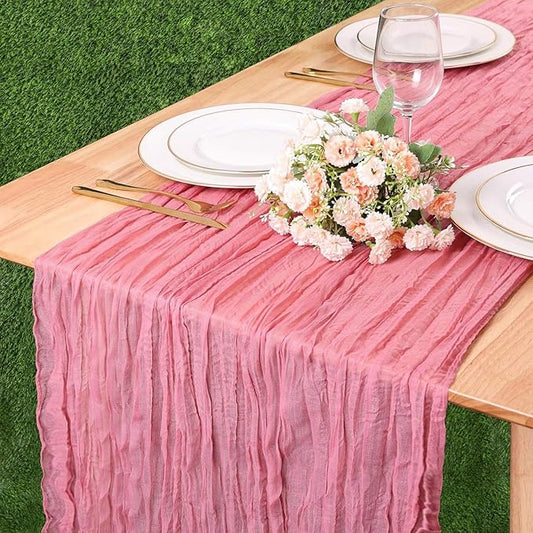 Crinkle Dusty Rose Cheesecloth Table Runner 13.3FT Long Boho Table Runner Rustic Gauze Wedding Dining Table Decorations for Holiday Birthday Party Baby Shower Event Decorations