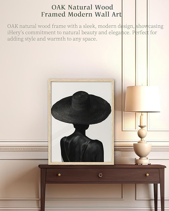 iHery Natural OAK Wood Black Girl Framed Wall Art, 12x16 in Black and White Modern Canvas Wall Art, Trendy African American Black Bedroom Decor, Set of 1 For Bathroom Living Room