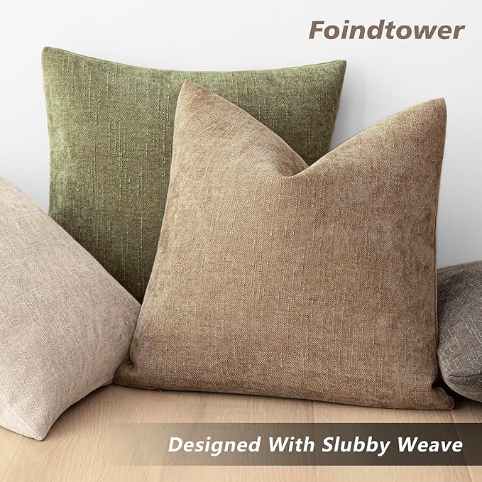 Foindtower Pack of 2 Textured Chenille Throw Decorative Pillow Covers Square Accent Solid Cushion Cover Neutral Farmhouse Pillow Case for Couch Sofa Bedroom Living Room 24x24 Inch,Taupe Khaki Camel