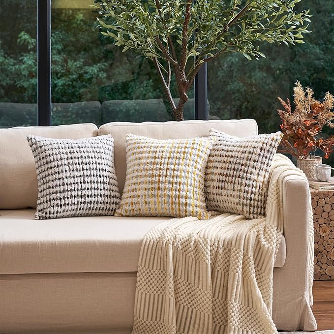 Aeckself Boho Chenille Tufted Pillow Cover 18x18 Inch, Decorative Square Throw Pillow Cover Neutral Pillowcase for Couch Bedroom Living Room, Black Gray